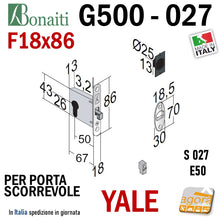 Carica l'immagine nel visualizzatore di Gallery, SERRATURA A GANCIO PORTA SCORREVOLE FRONTALE 18x86mm BONAITI 027 G500 X CILINDRO YALE CROMO OPACO E50 misure schema disegno quote