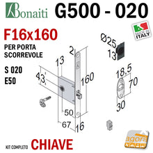 Load image into Gallery viewer, SERRATURA PORTA SCORREVOLE FRONTALE F160X16mm BONAITI 020 G500 CHIAVE PIEGHEVOLE CROMO OPACO E50 GANCIO SERRATURA A UNCINO PER SCRIGNO