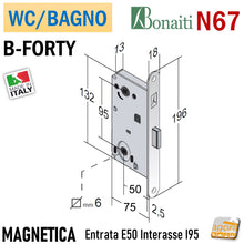 Load image into Gallery viewer, SERRATURA PORTA BAGNO WC TOILET DOPPIO QUADRO 8X8 6X6 magnetica Bonaiti B FORTY N67 frontale 18x196mm entrata 5cm interasse 95mm 9,5cm F196x18