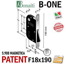 Carica l'immagine nel visualizzatore di Gallery, SERRATURA PORTA INTERNA MAGNETICA B-ONE BONAITI S900 PATENT FRONTALE 18X190MM ENTRATA E50MM INTERASSE I70MM I90MM OTTONE LUCIDO 489001501E ottonata compresa chiave normale misure disegno tecnico quotato