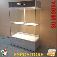 Carica l'immagine nel visualizzatore di Gallery, mobile gioielleria profumeria su ruote centrale illuminato con vetro e velluto chiave espositore gondola