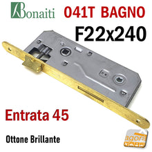 Carica l'immagine nel visualizzatore di Gallery, SERRATURA PORTA PATENT GRANDE BAGNO FRONTALE 22x240mm BONAITI 041T-45 OTTONE E45 I90