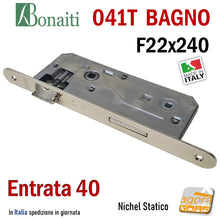 Carica l'immagine nel visualizzatore di Gallery, SERRATURA PORTA PATENT GRANDE BAGNO FRONTALE 22x240mm BONAITI 041T-40 NICHEL STATICO E40 I90