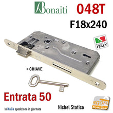 Load image into Gallery viewer, SERRATURA PORTA PATENT FRONTALE 18x240mm BONAITI 048T E50 I90 COMPLETA DI CHIAVE NICHEL STATICO ENTRATA 5CM INTERASSE 9CM