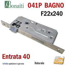 Carica l'immagine nel visualizzatore di Gallery, SERRATURA PORTA PATENT GRANDE BAGNO FRONTALE 22x240mm QUADRO BONAITI 041P-40 FERRO NATURALE ACCIAIO E40 I90 ENTRATA 4CM
