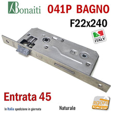 Carica l'immagine nel visualizzatore di Gallery, SERRATURA PORTA PATENT GRANDE BAGNO FRONTALE 22x240mm QUADRO BONAITI 041P-45 CROMO NATURALE E45 I90 Interasse 9cm 240x22