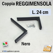 Carica l'immagine nel visualizzatore di Gallery, Staffe x parete per fissaggio ripiano mensola reggimensola in metallo cover in plastica senza viti a vista nera lunga mm240 economici ma robusti regolabili