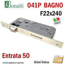 Carica l'immagine nel visualizzatore di Gallery, SERRATURA PORTA PATENT GRANDE BAGNO FRONTALE 22x240mm QUADRO BONAITI 041P-50 NICHEL STATICO E50 I90 entrata 5cm interasse 9cm f 240x22