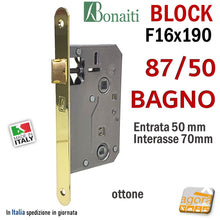 Carica l'immagine nel visualizzatore di Gallery, SERRATURE PORTE VECCHIE SERRATURA PORTA BONAITI BLOCK 87 /50 WC BAGNO FRONTALE 16X190MM E50 I70 OTTONE LUCIDO MECCANICA 480870501E