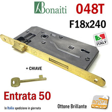 Load image into Gallery viewer, SERRATURA PORTA PATENT FRONTALE 18x240mm BONAITI 048T E50 I90 con CHIAVE OTTONE brillante ottonata