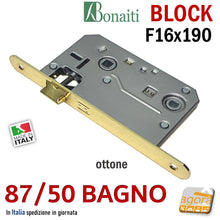 Carica l'immagine nel visualizzatore di Gallery, SERRATURA PORTA BONAITI BLOCK 87 /50 WC BAGNO FRONTALE 16X190MM E50 I70 OTTONE LUCIDO MECCANICA 480870501E