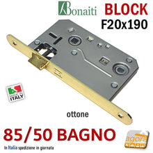 Carica l'immagine nel visualizzatore di Gallery, SERRATURA PORTA BONAITI BLOCK 85 /50 WC BAGNO FRONTALE 20X190MM E50 I70 OTTONE LUCIDO MECCANICA quadro 8x8 quadro 6x6 per anta porta in battuta bagno con pomolo