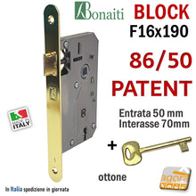 Carica l'immagine nel visualizzatore di Gallery, SERRATURA PORTA BONAITI BLOCK 86 /50 CHIAVE PATENT FRONTALE F 16X190MM E50 I70 OTTONE LUCIDO MECCANICA serrature originali in pronta consegna entrata 5cm interasse 7cm frontale 19cm con scrocco solo in alto senza linguetta door lock