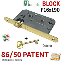 Carica l'immagine nel visualizzatore di Gallery, SERRATURA PORTA BONAITI BLOCK 86 /50 CHIAVE PATENT FRONTALE F 16X190MM E50 I70 OTTONE LUCIDO MECCANICA serrature originali in pronta consegna entrata 5cm interasse 7cm frontale 19cm con scrocco solo in alto senza linguetta