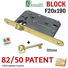 Carica l'immagine nel visualizzatore di Gallery, SERRATURA PORTA BONAITI BLOCK 82 /50 CHIAVE PATENT FRONTALE 20X190MM E50 I70 OTTONE LUCIDO MECCANICA serrature originali in pronta consegna entrata 5cm interasse 7cm frontale 2x19cm con scrocco solo in alto senza linguetta