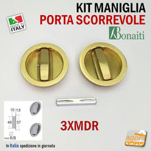 Carica l'immagine nel visualizzatore di Gallery, 3XMDR000E7 MANIGLIA PER PORTA SCORREVOLE BOCCHETTA SCRIGNO FORO 48 D57 DOPPIA-LEVA OTTONE TONDA Ottonata Lucida