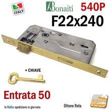 Carica l'immagine nel visualizzatore di Gallery, SERRATURA PORTA PATENT FRONTALE 22x240mm RETTANGOLARE BONAITI 540P OTTONE E50 I90 OKAY completa di chiave nuova