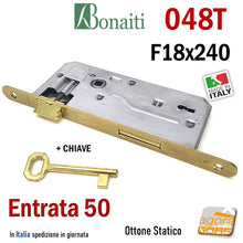 Load image into Gallery viewer, SERRATURA PORTA PATENT FRONTALE 18x240mm BONAITI 048T E50 I90 COMPLETA DI CHIAVE ENTRATA 5CM INTERASSE MANIGLIA CHIAVE 9CM OTTONE OTTONATA