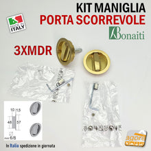 Carica l'immagine nel visualizzatore di Gallery, MANIGLIA PER PORTA SCORREVOLE BOCCHETTA SCRIGNO FORO 48 D57 DOPPIA-LEVA OTTONE TONDA Ottonata Lucida