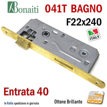 Carica l'immagine nel visualizzatore di Gallery, SERRATURA PORTA PATENT GRANDE BAGNO FRONTALE 22x240mm BONAITI 041T-40 OTTONE E40 I90 ottonata brillante