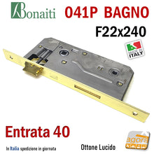Carica l'immagine nel visualizzatore di Gallery, SERRATURA PORTA PATENT GRANDE BAGNO FRONTALE 22x240mm QUADRO BONAITI 041P-40 OTTONE E40 I90 BORDO RETTANGOLARE 240X22 ENTRATA 4CM