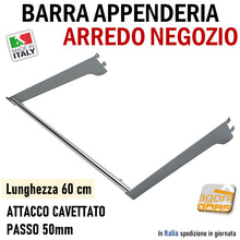 Carica l'immagine nel visualizzatore di Gallery, BARRA PARETE APPENDERIA X CAVETTATO P50 CROMO L 60cm APPENDIABITI PORTA ABITI ATTREZZATURA NEGOZIO arredo negozio barre per abiti spostabili in altezza