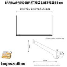Carica l'immagine nel visualizzatore di Gallery, BARRA APPENDERIA X CAVETTATO P50 CROMO L 60cm APPENDIABITI PORTA ABITI ATTREZZATURA PARETE NEGOZIO misure disegno