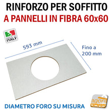 Carica l'immagine nel visualizzatore di Gallery, pannelli rinforzi per faretti su controsoffitti a pannelli per uffici negozi centri commerciali ospedali per altoparlanti e telecamere con foro diametro su misura in legno 593x200mm