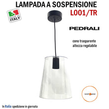 Carica l'immagine nel visualizzatore di Gallery, LAMPADARIO A SOSPENSIONE PEDRALI L001S CONICO D 26,5cm TRASPARENTE LAMPADA E27 ROSONE NERO REGOLABILE - PEDRALI L001S CONICAL SUSPENSION CHANDELIER D 26,5cm TRANSPARENT E27 LAMP ADJUSTABLE BLACK ROSE
