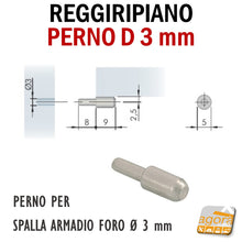 Carica l'immagine nel visualizzatore di Gallery, REGGIRIPIANO PERNO D3mm PER PANNELLO E RIPIANI IN LEGNO Ø3-5mm L17 NICHELATO PER SPALLA ARMADIO FORI 3MM SOSTEGNO SUPPORTO PER RIPIANI MENSOLE