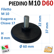Carica l'immagine nel visualizzatore di Gallery, PIEDI PIEDINO REGOLABILE D60 FILETTATO M10x22MM IN PLASTICA NERA X TAVOLI TELAI LARGO