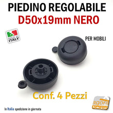 Load image into Gallery viewer, piede di design regolabile nero rotondo d50x19mm rapido economico robusto design bello
