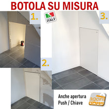 Carica l'immagine nel visualizzatore di Gallery, portello costruito su misura anta singola doppia anta porta invisibie push chiave pomolo rasomuro rasoparete filo muro filo parete anta cucina per accesso nicchia verniciabile nascosta