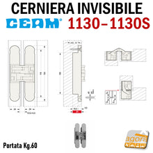 Load image into Gallery viewer, CERNIERA INVISIBILE CEAM 1130 3D PER PORTE A FILO RASOMURO RASOPARETE schema