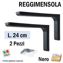 Carica l'immagine nel visualizzatore di Gallery, 2pz REGGIMENSOLA A L IN METALLO CON COVER NERA L 24cm REGGIRIPIANO STAFFA SUPPORTO. Reggimensola economico veloce e facile da fissare con fori asolati per la regolazione del fissaggio completo di viti e tasselli - Cover colore nero ma anima in acciaio