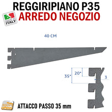 Carica l'immagine nel visualizzatore di Gallery, REGGIRIPIANO MENSOLA ATTACCO CAVETTATO P35 GRIGIO SCURO 40CM ATTREZZATURA PARETE NEGOZIO 400MM REGGIMENSOLA SUPPORTO STAFFA RIPIANI PIANI PER NEGOZI ATTACCO CAVA CAVETTATO ACCIAIO