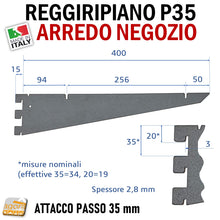 Carica l'immagine nel visualizzatore di Gallery, REGGIRIPIANO MENSOLA ATTACCO CAVETTATO P35 GRIGIO SCURO 40CM ATTREZZATURA PARETE NEGOZIO 400MM REGGIMENSOLA SUPPORTO STAFFA RIPIANI PIANI PER NEGOZI ATTACCO CAVA CAVETTATO SLAM