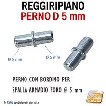 Carica l'immagine nel visualizzatore di Gallery, REGGIRIPIANO PERNO D 5 mm PER PANNELLO E RIPIANI IN LEGNO Ø5mm CON BORDINO diametro 5mm lunghezza 16mm zincato nichelato sostegno supporto per mensole ripiani mobili