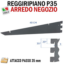 Carica l'immagine nel visualizzatore di Gallery, REGGIRIPIANO MENSOLA ATTACCO CAVETTATO P35 GRIGIO SCURO 40CM ATTREZZATURA PARETE NEGOZIO 400MM REGGIMENSOLA SUPPORTO STAFFA RIPIANI PIANI PER NEGOZI ATTACCO CAVA CAVETTATO ABBIGLIAMENTO