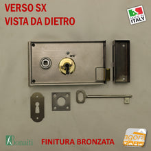 Carica l'immagine nel visualizzatore di Gallery, retro serratura bonaiti verso sx door lock finitura bronzata bonaiti con chiave contropiastra e catenaccio made in italy x portoncini o porte antiche