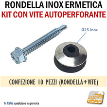 Carica l'immagine nel visualizzatore di Gallery, RONDELLA ERMETICA INOX D25 CON VITE PER METALLO TE 6X50MM AUTOPERFORANTE KIT 10 PEZZI VITI TESTA ESAGONALE PER CHIAVE 10MM BUSSOLA FISSAGGIO VELOCE TETTI SU ACCIAIO RONDELLE CON GUARNIZIONE GOMMA MORBIDA SIGILLANTE