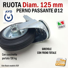 Carica l'immagine nel visualizzatore di Gallery, ruote per carrelli grandi italiane robuste economiche gomma nera d125mm aldo valsecchi avo piroettante perno forato passante