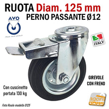 Carica l'immagine nel visualizzatore di Gallery, RUOTA GOMMA NERA DIAMETRO 125MM GIREVOLE CON PERNO PASSANTE D12 CON FRENO SENZA FRENO S112 SE AVO INDUSTRIA RUOTE freno totale aldo valsecchi spa per carrelli e magazzino alta portata
