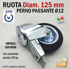 Carica l'immagine nel visualizzatore di Gallery, Ruota 103F AVO Valsecchi in gomma nera diametro 125mm 12cm con freno girevole e piastra con foro da 12mm zincata portata 130kg cromata