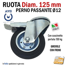 Carica l'immagine nel visualizzatore di Gallery, ruota 125mm grande nera girevole con piastra e freno alta portata robusta avo valsecchi italiana con cuscinetto zincata cromata