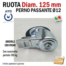 Carica l'immagine nel visualizzatore di Gallery, Ruota 103F AVO Valsecchi in gomma nera diametro 125mm 12cm con freno girevole e piastra con foro da 12mm zincata portata 130kg