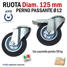Carica l'immagine nel visualizzatore di Gallery, RUOTA GOMMA NERA DIAMETRO 125MM GIREVOLE CON PERNO PASSANTE D12 CON FRENO SENZA FRENO S112 AVO INDUSTRIA RUOTE 80F 103F