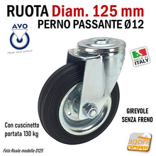 Carica l'immagine nel visualizzatore di Gallery, RUOTA GOMMA NERA DIAMETRO 125MM GIREVOLE CON PERNO PASSANTE D12 CON FRENO SENZA FRENO S112 SE AVO INDUSTRIA RUOTE senza freno piastra tonda x magazzino e carrelli aldo valsecchi spa