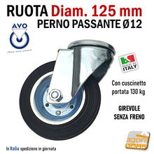 Carica l'immagine nel visualizzatore di Gallery, ruota 125mm grande nera girevole con piastra e freno alta portata robusta avo valsecchi italiana con cuscinetto zincata cromata senza freno