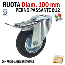 Carica l'immagine nel visualizzatore di Gallery, RUOTA GOMMA NERA DIAMETRO 100MM GIREVOLE CON PERNO PASSANTE D12 CON FRENO ANTERIORE BLOCCAGGIO TOTALE S112 AVO INDUSTRIA RUOTE
